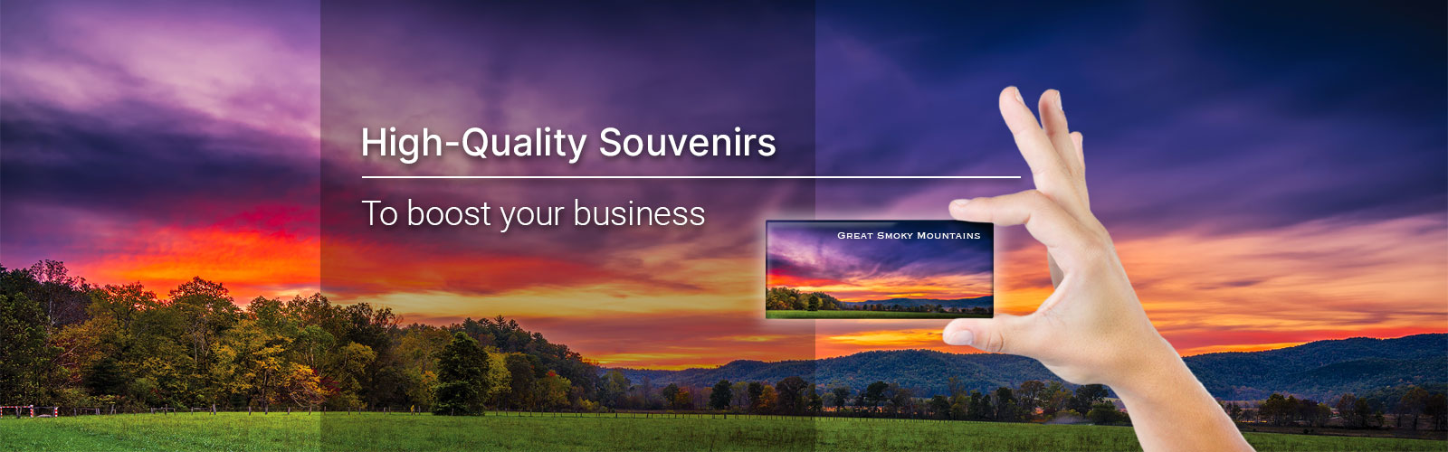 High-quality souvenirs to boost your business with image of a beautiful sunset over the Smoky Mountains