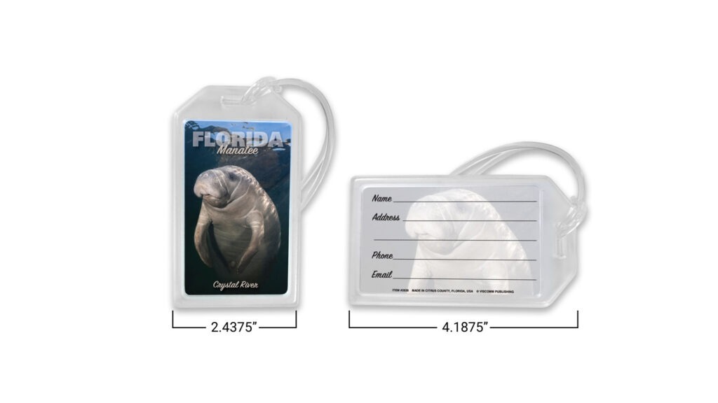 Florida manatee luggage tag with measurements